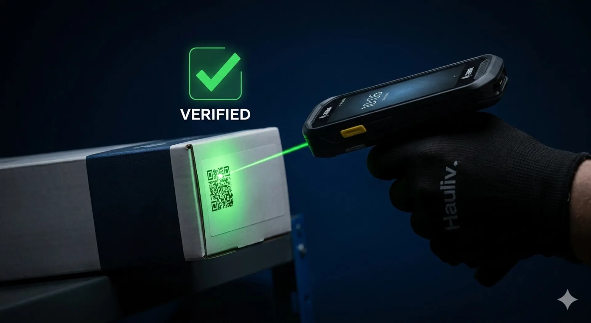 Hauliv worker scanning barcode on package with handheld scanner, showing green verified confirmation