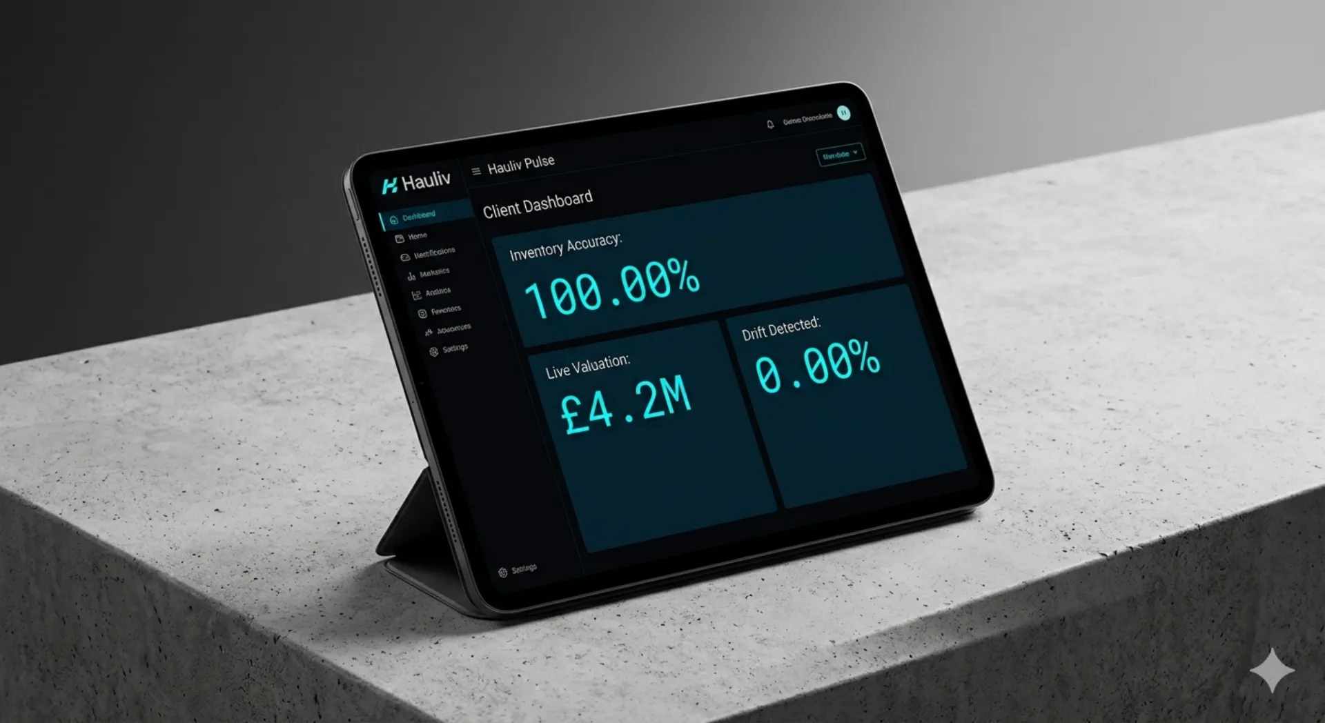 Hauliv Pulse client dashboard on tablet showing 100% inventory accuracy, 4.2M valuation, and 0% drift detected
